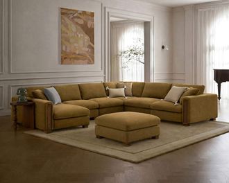 Castlery Tan France Kagan 6-Piece L-Shape Sectional Couch with Left Chaise ; Ottoman, (Basketweave) Caramel - Brown Color - Castlery