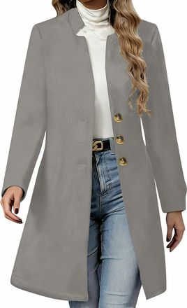 Generic Womens Button Down Trench Coats Ladies Mid Lenght Stand Up Collar Jackets Single Breasted Overcoats Slim Fit Long Sleeve Solid Color Outerwear Casual 