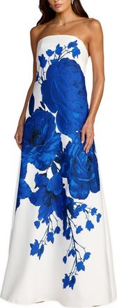 Mac Duggal Floral Printed Crepe Strapless Trapeze Gown in White Multi at Nordstrom, Size X-Large
