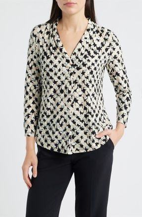 Anne Klein Print Pleat Three-Quarter Sleeve Top in Anne Black Multi at Nordstrom, Size Small P