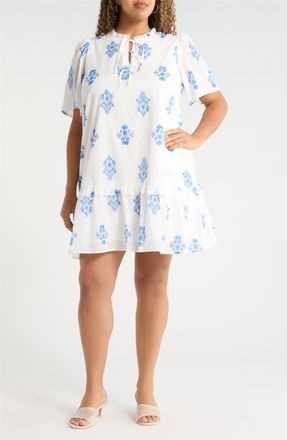 Sugarlips Yila Kuna Tiered Floral Minidress in Wht-Blues at Nordstrom, Size 2X