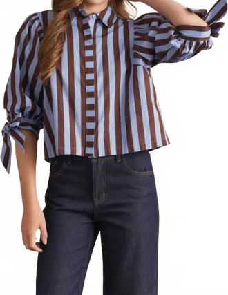 Entro Tie Sleeve Striped Button Up Blouse In Blue