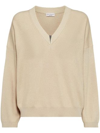 【送料&関税込】Brunello Cucinelli V-neck Knitted Jumper BRUNELLO CUCINELLI Open-knit jute-blend sweater | NET-A-PORTER