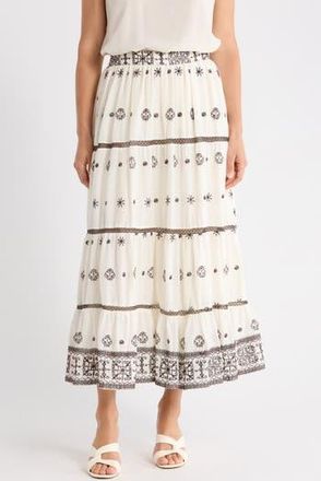 T Tahari Embroidered Tiered Cotton Skirt in Ivory/Ganache at Nordstrom Rack, Size X-Large