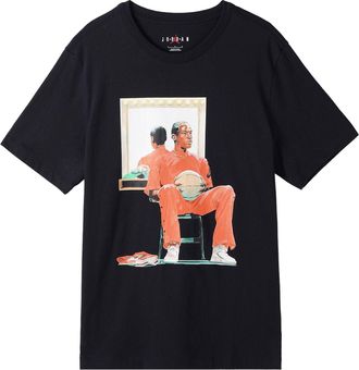Nike Jordan Mens Air Jordan Solid Color Character Pattern Printing Round Neck Short Sleeve Black T-Shirt DQ7381-010
