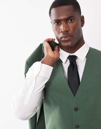 Asos Gilet da abito slim in twill di misto lino verde scuro