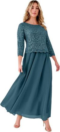 Roaman's Plus Size Sequin Lace Three Quarter Sleeve A-Line Gown in Mystic Pine at Nordstrom, Size 34P