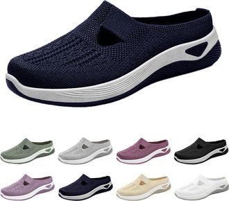 Generic Orthopedic Slippers for Women UK Summer Air Cushion Slip-On Shoes Mesh Half Drag Walking Shoes with Arch Support Ladies Breathable Knit Mule Sneakers 