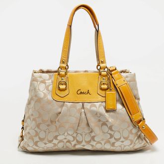 Coach Ashley Mustard/beige Signature Fabric And Patent Leather Shoulder Bag