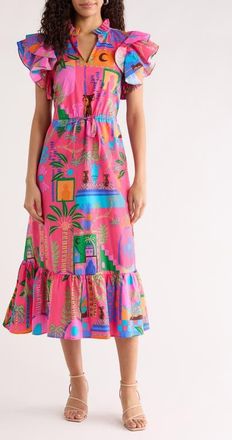 Sugarlips Lanus City Dillan Ruffle Midi Dress in Fuchsia-Multi at Nordstrom, Size X-Large