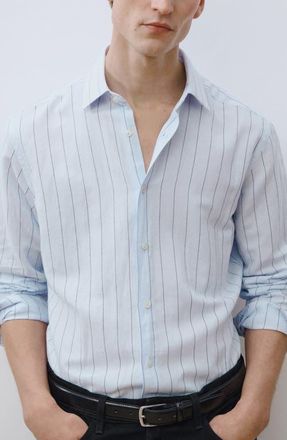Mango Regular Fit Stripe Linen & Cotton Button-Up Shirt in Sky Blue at Nordstrom, Size Small