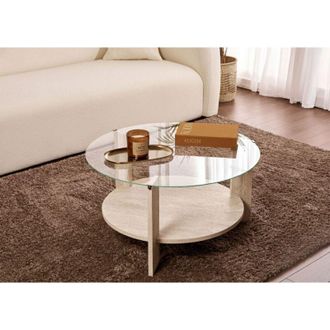 Dmora Mesa De Centro Canevino, Forma Redonda, Tapa De Vidrio, Estructura De Vidrio, 75x75x40h Cm Blanco M&aacute;rmol