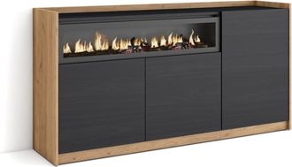 Skraut Home Aparador efecto madera negro y roble 156x37x80cm chimenea efecto fuego