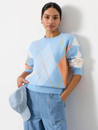 Fat Face FatFace Rue Light Blue Knitted Argyle Jumper