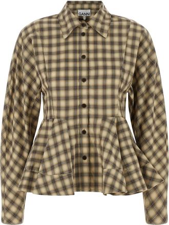 Ganni Ruit Flanellen Peplum Shirt - Dames - Overhemden - Beige - M - Katoen - Overhemden