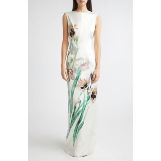 Erdem Floral Drape Back Duchesse Satin Gown in Mirrored Orchid Ivory at Nordstrom, Size 12