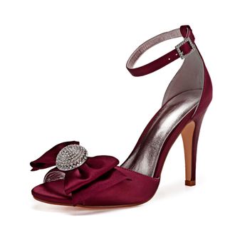 Generic Wedding Shoes Womens High Heels Satin Bridal Shoes Open Toe Stiletto Sandals Ankle Strap Prom Party Dress High Heel 10.5Cm,Burgundy,5 UK