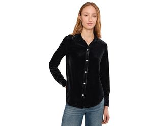 Vince Camuto Long Sleeve Button Down Top Womens Clothing Rich Black : MD, Down/Polyester/Spandex