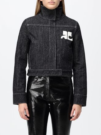 Courr&egrave;ges Short Denim Jacket with Contrast Logo and Funnel Neck