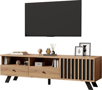STILVORA Mueble Tv Con 2 Cajones, 1 Puerta Y 2 Huecos, Para Salon, En Tablero De Particulas, 150&times;38&times;44 Cm, Madera Natural Y Negro