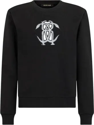 Roberto Cavalli Hoodies & sweatvesten, Dames, Zwart, XL, Sweatshirt met uitgesneden geborduurd logo