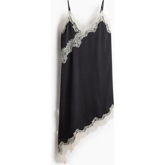 H&M Lace-trimmed Asymmetric Nightslip in Black/cream at Nordstrom, Size X-Small