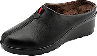 Generic cfpqv Womens Slippers with Wedge Heel Slippers Lined Mules Closed Slide Winter Warm Garden Shoes Slippers Leather Shoes Walking Shoes for Indoor and O