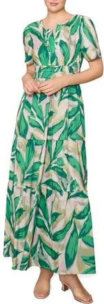 Melloday Short Sleeve Tiered Maxi Dress in Multi Green Leaf at Nordstrom, Size X-Small