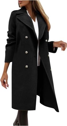 Generic Coats For Women UK, Womens Autumn and Winter Woolen Coat Solid Color Double Breasted No Pocket Mid Length Woolen Coat Womens Lapel Coat Winter Jacket