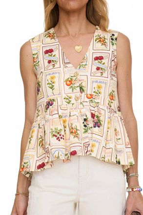 Avec Les Filles Linen Blend Fruit Floral Peplum Top In Cream Multi