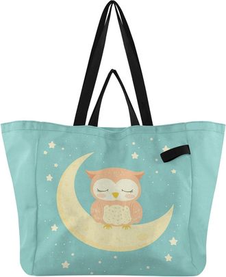 Generic Owl Stars Teal pattern Reusable Canvas Tote Bag, Heavy Duty Grocery Shopping Bag with Double Handles Large Capacity Hard Bottom Work Groceries Travel