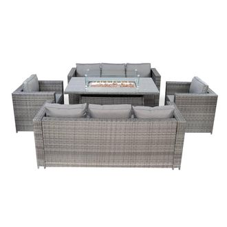MonsterShop 8 Seater Rattan Furniture Set With Firepit - Grey