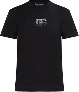 Dolce & Gabbana T-shirt met een logo afgewerkt met glinsterende kristallen - Dames - T-shirts - Zwart - XS - Katoen - Tops