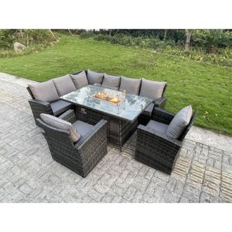 Fimous Outdoor Rattan Corner Sofa Garden Furniture High Back Sofa Set Gas Fire Pit Dining Table Gas Heater Burner 2 Arm Chair 8 Seater - Fimous