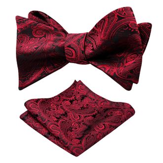 Alizeal Mens Paisley Jacquard Self Bow Tie Pocket Square Set (Maroon)(Size: One Size)