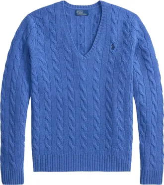 Polo Ralph Lauren Cable Knit Blue Pullover with V-Neckline and Ribbed Details