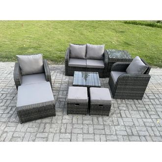 Fimous Fimous Rattan Garden Furniture Set Patio Conservatory Indoor Outdoor 8 Piece Set with Love Sofa Square Coffee Table 3 Footstools Side Table
