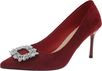 Generic Womens Stiletto High Heel Pumps Velvet Rhinestones Buckle Pointed Toe Office Dressy Wedding Shoes Slip On (Red,5.5)