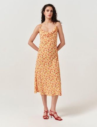 Ghost London Stacy Cowl Neck Crepe Midi Dress in Orange Tulip at Nordstrom, Size 12