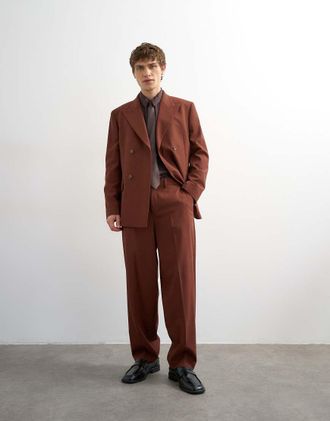 Topman Pantaloni da abito comodi effetto lana color ruggine-Marrone