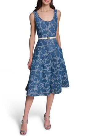 Karl Lagerfeld Sleeveless Belted Denim Dress in Medium Indigo at Nordstrom, Size 14