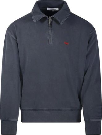 Maison Kitsun&eacute; Profile Fox Faded Polo Sweatshirt - Heren - Sweatshirts & Hoodies - Blauw - Maat: L Katoen