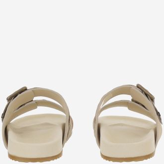 Burberry Womens Mixed Leather Slippers With Double Strap Ivory Calf Split Flat Shoes