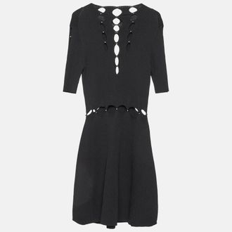 Maje Black Rib Knit Cut-Out Beaded Mini Dress