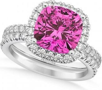 Allurez Pink Tourmaline & Diamonds Cushion-Cut Halo Bridal Set 14K White Gold (3.38ct)
