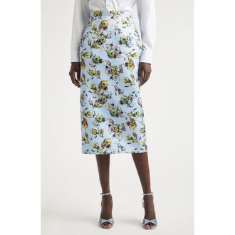 Emilia Wickstead Lorelei Floral Satin Midi Pencil Skirt in Floral Green/yellow On Blue at Nordstrom, Size 0 Us