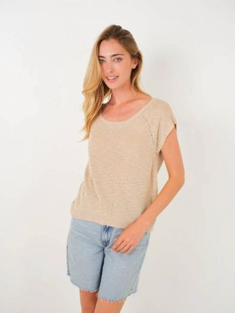 Stitchdrop Karlie Stitch Cotton Short Sleeve Sweater Top In Taupe