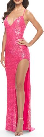 La Femme Stretch Sequin Dress with High Side Slit and V-Neck in Neon Pink at Nordstrom, Size 10