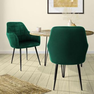 ML Design Ecd Germany Juego De 2 Sillas De Comedor Con Respaldo Y Reposabrazos Verde Oscuro Asiento De Terciopelo Tapizado Sill&oacute;n Con Patas De Metal Negro Muebl