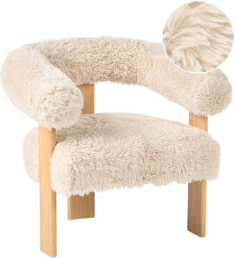 Beliani Armchair Off-White and Light Brown Faux Fur Upholstery Retro Design Wooden Legs Living Room ILBRO